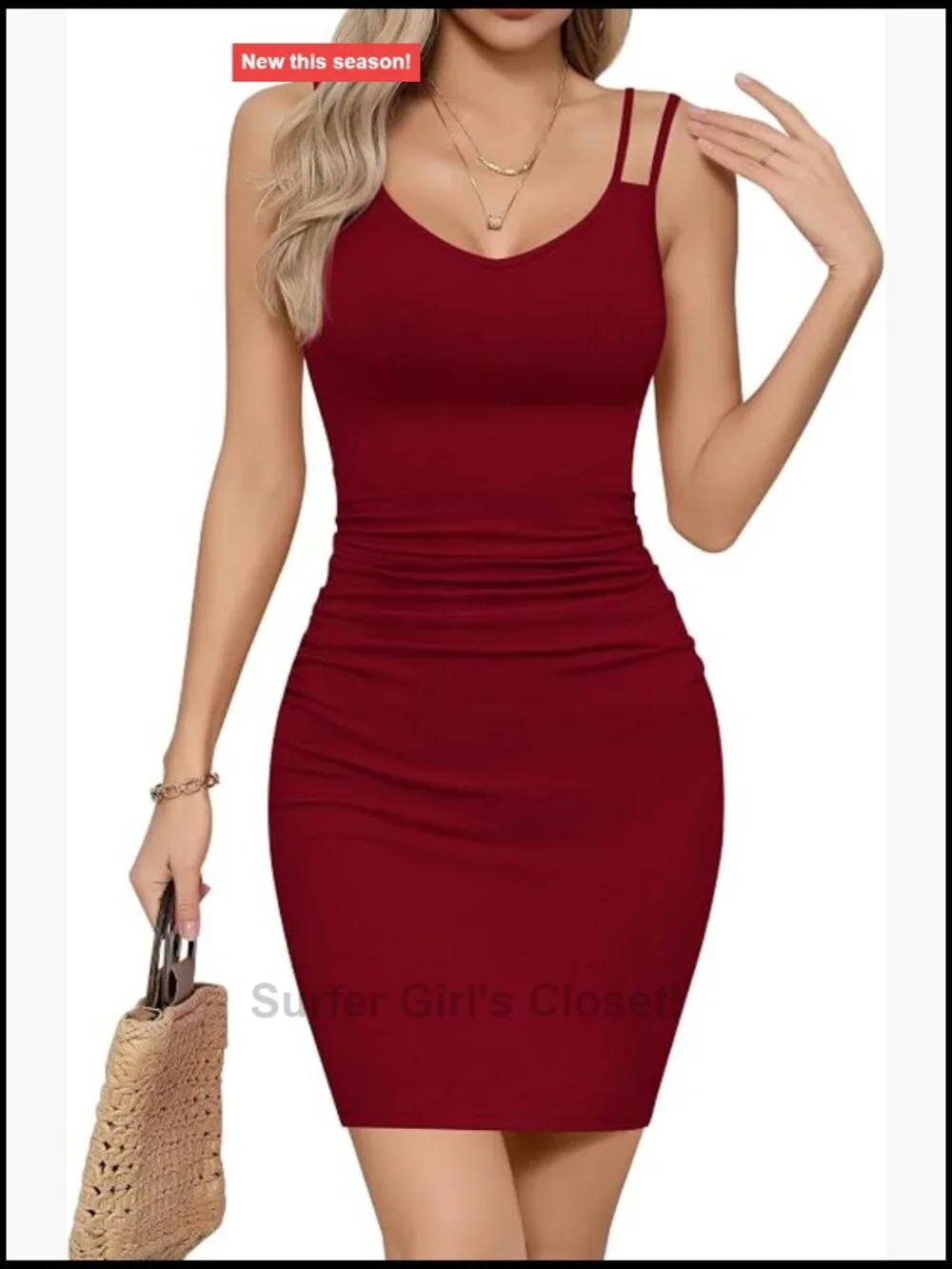 V Neck Sleeveless Ruched Bodycon Mini Dress, Ribbed Knit